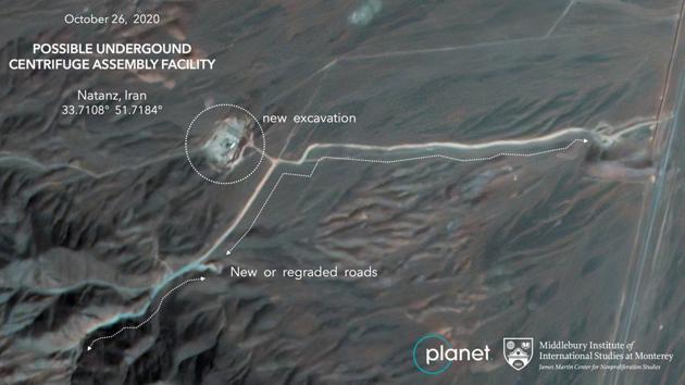Since August, Iran has built a new or regraded road to the south of Natanz toward what analysts believe is a former firing range for security forces at the enrichment facility, images from San Francisco-based Planet Labs show.(AP photo) Since August, Iran has built a new or regraded road to the south of Natanz toward what analysts believe is a former firing range for security forces at the enrichment facility, images from San Francisco-based Planet Labs show.(AP photo)