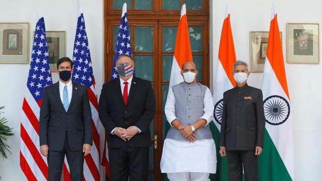 US secretary of state Mike Pompeo, US secretary of defence Mark Esper with external Minister S Jaishankar and defence minister Rajnath Singh on October 27.(REUTERS)