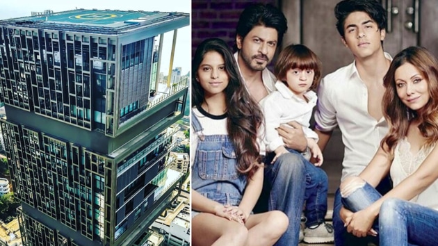 Mukesh Ambani’s Mumbai home Antilia (L) and (R) Shah Rukh Khan with wife Gauri and children Suhana, AbRam and Aryan.(Instagram)