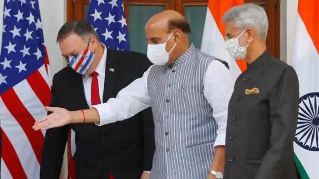 Following the 2+2 talks between the foreign and defence ministers of India and the US on Tuesday, Pompeo told the media that Washington will stand by New Delhi in confronting threats to India’s sovereignty.(REUTERS PHOTO.) Following the 2+2 talks between the foreign and defence ministers of India and the US on Tuesday, Pompeo told the media that Washington will stand by New Delhi in confronting threats to India’s sovereignty.(REUTERS PHOTO.)