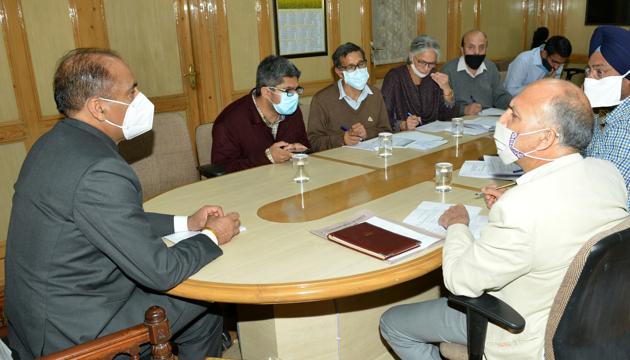 Chief minister Jai Ram Thakur reviewing various projects during a meeting of the state public works department in Shimla on Thursday. (HT Photo) Chief minister Jai Ram Thakur reviewing various projects during a meeting of the state public works department in Shimla on Thursday. (HT Photo)