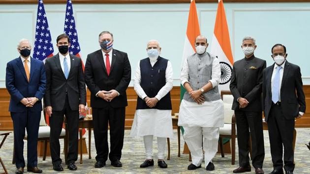 Prime Minister Narendra Modi with US Secretary of State Mike Pompeo and the US Defence Secretary Dr. Mark T. Esper during a meeting, in New Delhi. (PIB Photo) Prime Minister Narendra Modi with US Secretary of State Mike Pompeo and the US Defence Secretary Dr. Mark T. Esper during a meeting, in New Delhi. (PIB Photo)