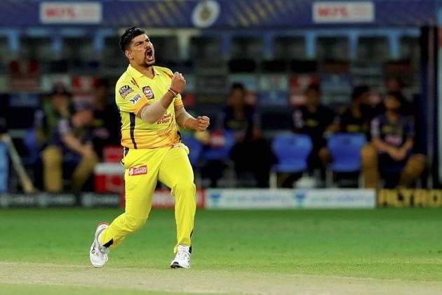 Dubai: Karn Sharma of Chennai Superkings celebrates the wicket of Shubman Gill of Kolkata Knight Riders during Indian Premier League (IPL) match between the Chennai Super Kings and the Kolkata Knight Riders, at the Dubai International Cricket Stadium in Dubai, Thursday, Oct. 29, 2020. (PTI Photo/Sportzpics for BCCI)(PTI29-10-2020_000193B) (PTI)
