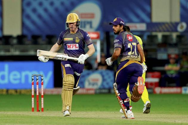 Dubai: Nitish Rana and Eoin Morgan of Kolkata Knight Riders run between the wickets during Indian Premier League (IPL) match between the Chennai Super Kings and the Kolkata Knight Riders, at the Dubai International Cricket Stadium in Dubai, Thursday, Oct. 29, 2020. (PTI Photo/Sportzpics for BCCI)(PTI29-10-2020_000205B) (PTI)