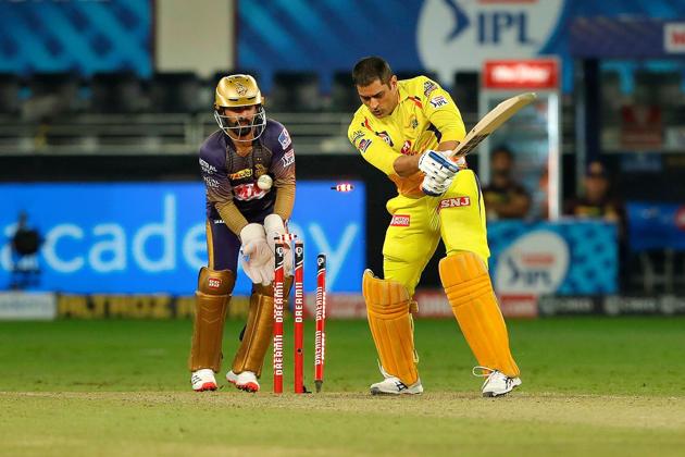 Dubai: MS Dhoni captain of Chennai Super Kings bowled by Varun Chakaravarthy of Kolkata Knight Riders during Indian Premier League (IPL) match between the Chennai Super Kings and the Kolkata Knight Riders, at the Dubai International Cricket Stadium in Dubai, Thursday, Oct. 29, 2020. (PTI Photo/Sportzpics for BCCI)(PTI29-10-2020_000213B) (PTI)