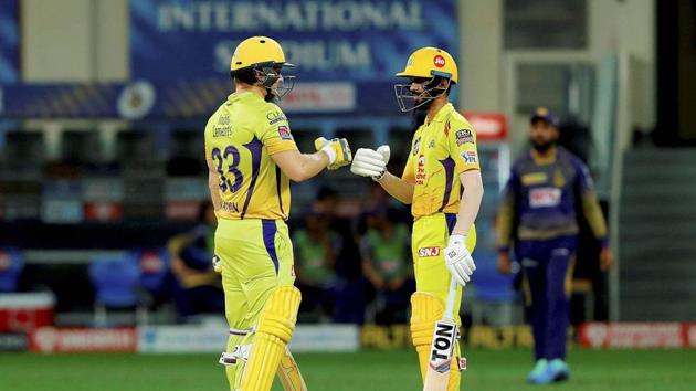 Dubai: Ruturaj Gaikwad and Shane Watson of Chennai Super Kings during Indian Premier League (IPL) match between the Chennai Super Kings and the Kolkata Knight Riders, at the Dubai International Cricket Stadium in Dubai, Thursday, Oct. 29, 2020. (PTI Photo/Sportzpics for BCCI)(PTI29-10-2020_000207B) (PTI)