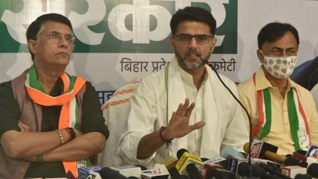 Congress leader Sachin Pilot addresses a press conference in Patna on Wednesday. (PARWAZ KHAN/HT PHOTO.) Congress leader Sachin Pilot addresses a press conference in Patna on Wednesday. (PARWAZ KHAN/HT PHOTO.)