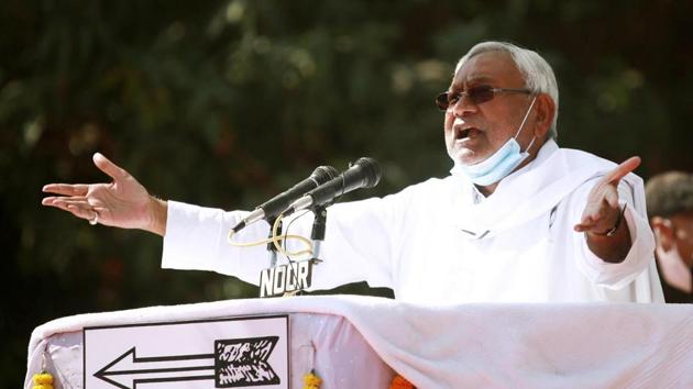 File photo: Bihar chief minister Nitish Kumar at an election rally at Valmiki Nagar in West Champaran, Bihar.(Santosh Kumar/ Hindustan Times)