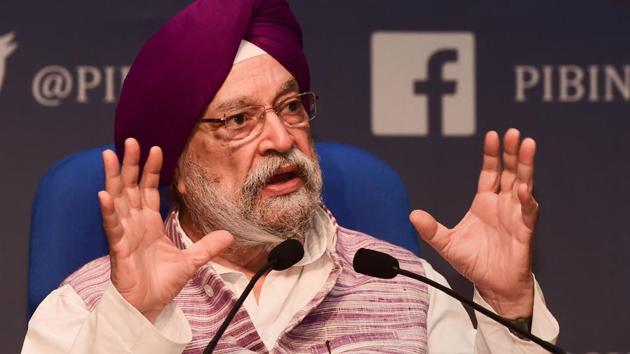 Civil aviation minister Hardeep Singh Puri addressing a press conference at National Media Centre in New Delhi on Thursday.(PTI Photo)