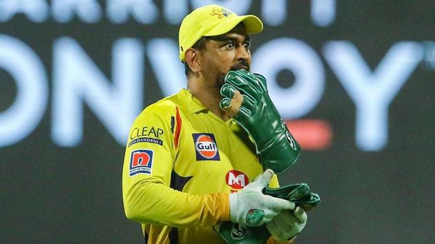 CSK skipper MS Dhoni during the first cricket match of IPL 2020, at Sheikh Zayed Stadium, Abu Dhabi, UAE.(PTI)