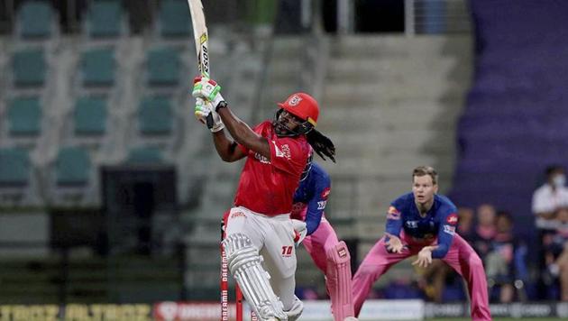 Chris Gayle of Kings XI Punjab plays a shot during the Indian Premier League (IPL) cricket match against Rajasthan Royals at the Sheikh Zayed Stadium, in Abu Dhabi, UAE.(PTI)
