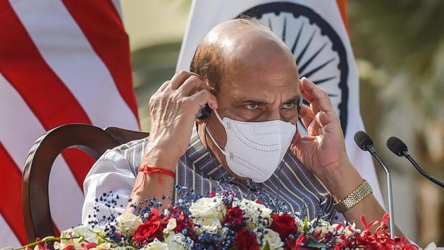 Defence Minister Rajnath Singh during a press statement, at Hyderabad House in New Delhi.(PTI) Defence Minister Rajnath Singh during a press statement, at Hyderabad House in New Delhi.(PTI)