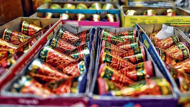 Green firecrackers on sale at a shop near Jama Masjid on Friday.(Sanchit Khanna/HT Photo)