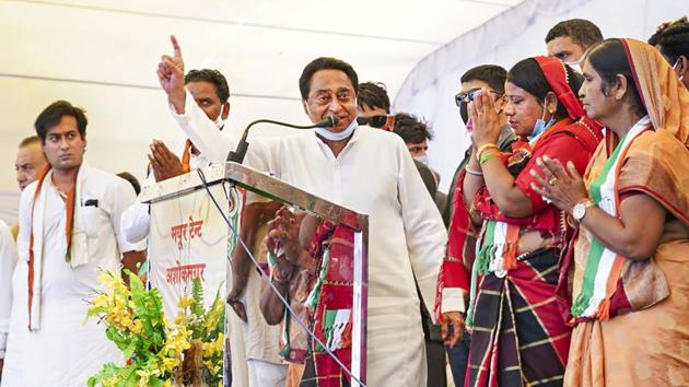 Madhya Pradesh State Congress president Kamal Nath addressing party workers during a rally ahead of the bypolls in the state, scheduled to be held on November 3.(PTI) Madhya Pradesh State Congress president Kamal Nath addressing party workers during a rally ahead of the bypolls in the state, scheduled to be held on November 3.(PTI)