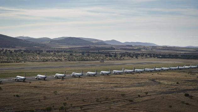 Aircraft parked at Ciudad Real airport, as 31% of global passenger fleet sits idle. (Bloomberg) Aircraft parked at Ciudad Real airport, as 31% of global passenger fleet sits idle. (Bloomberg)