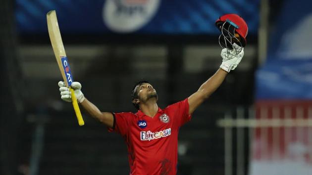 IPL 2020: Mayank Agarwal after scoring his IPL century earlier this season.(IPL/Twitter)