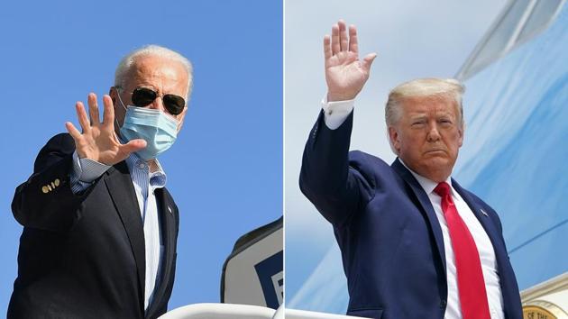 Democratic presidential candidate Joe Biden waving as he boards his plane in New Castle, Delaware, on October 22, 2020 and US President Donald Trump boarding Air Force One as he departs from Joint Base Andrews in Maryland on May 30, 2020.(AFP Photo) Democratic presidential candidate Joe Biden waving as he boards his plane in New Castle, Delaware, on October 22, 2020 and US President Donald Trump boarding Air Force One as he departs from Joint Base Andrews in Maryland on May 30, 2020.(AFP Photo)