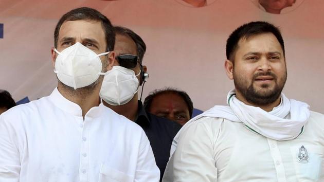 Congress leader Rahul Gandhi along with RJD leader Tejashwi Yadav during an election meeting in Bihar, on October 23, 2020. (PTI) Congress leader Rahul Gandhi along with RJD leader Tejashwi Yadav during an election meeting in Bihar, on October 23, 2020. (PTI)