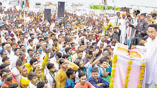 Congress leader Kamal Nath addresses an election campaign rally ahead of Madhya Pradesh assembly bypolls in Gwalior district. (PTI) Congress leader Kamal Nath addresses an election campaign rally ahead of Madhya Pradesh assembly bypolls in Gwalior district. (PTI)