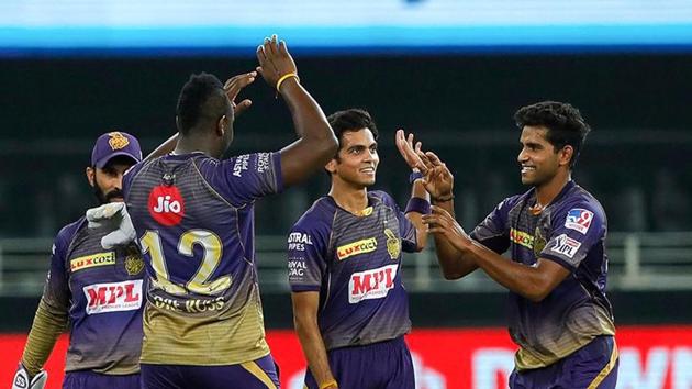 Kolkata Knight Riders players celebrate the wicket of Rajasthan Royals batsman Riyan Parag during the Indian Premier League 2020 cricket match, at Dubai International Cricket Stadium. (PTI) Kolkata Knight Riders players celebrate the wicket of Rajasthan Royals batsman Riyan Parag during the Indian Premier League 2020 cricket match, at Dubai International Cricket Stadium. (PTI)