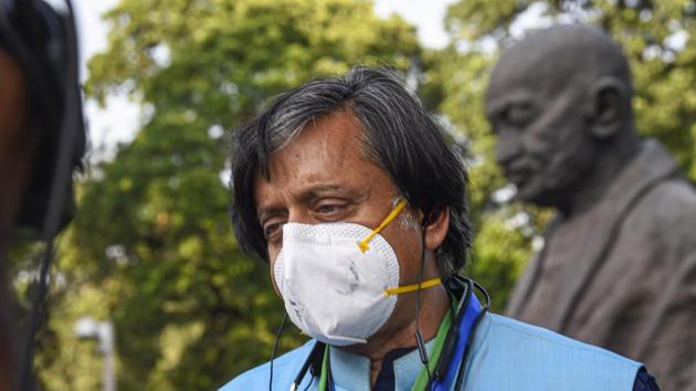 Congress MP Shashi Tharoor addresses media at the Parliament House.(PTI) Congress MP Shashi Tharoor addresses media at the Parliament House.(PTI)