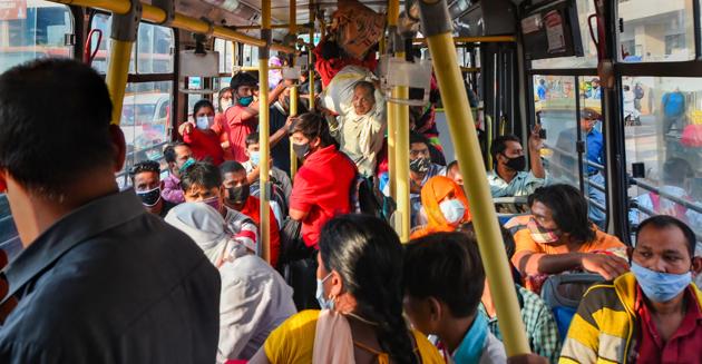 Passengers inside a DTC bus in New Delhi on Sunday. From November 1, buses have been allowed to run with full capacity. (PTI) Passengers inside a DTC bus in New Delhi on Sunday. From November 1, buses have been allowed to run with full capacity. (PTI)