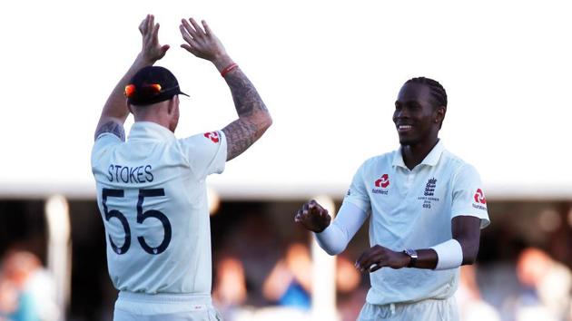 England's Jofra Archer celebrates with teammate Ben Stokes after taking the wicket of Australia's Nathan Lyon. (Action Images via Reuters) England's Jofra Archer celebrates with teammate Ben Stokes after taking the wicket of Australia's Nathan Lyon. (Action Images via Reuters)