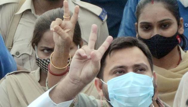 RJD leader Tejashwi Prasad Yadav after casting vote during the second phase of Bihar assembly polls. (PTI) RJD leader Tejashwi Prasad Yadav after casting vote during the second phase of Bihar assembly polls. (PTI)