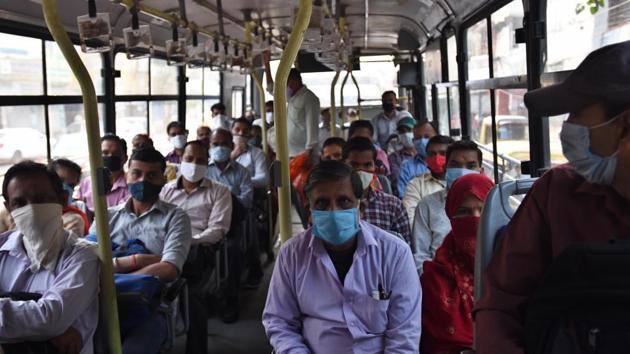 A view inside a DTC bus a day after services were expanded to run at full capacity in Laxmi Nagar, New Delhi on November 2. With the rising new cases, the government plans to focus on testing, contact tracing and treatment of the virus, especially in Delhi where the city has seen a heavy resurgence of cases in the past couple of weeks. (Raj K Raj / HT PHOTO) A view inside a DTC bus a day after services were expanded to run at full capacity in Laxmi Nagar, New Delhi on November 2. With the rising new cases, the government plans to focus on testing, contact tracing and treatment of the virus, especially in Delhi where the city has seen a heavy resurgence of cases in the past couple of weeks. (Raj K Raj / HT PHOTO)