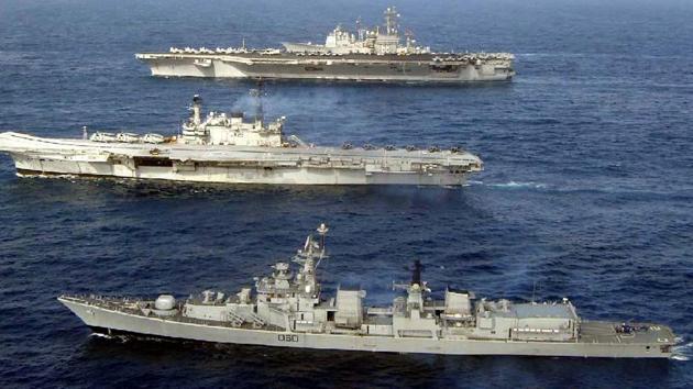 The 24th edition of the Malabar naval exercise, scheduled in two phases between the Quad nations - India, US, Japan and Australia, commenced in Vishakhapatnam in the Bay of Bengal on Tuesday.(PTI file photo)