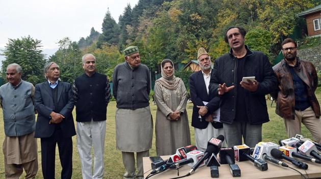 PDP leader Sajjad Lone speaks to media after the meeting of members of 'People's Alliance for Gupkar Declaration' at the residence of Mehbooba Mufti in Srinagar on October 24.(File photo)