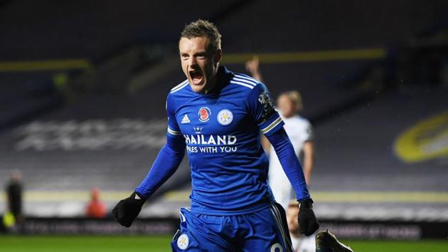 Soccer Football - Premier League - Leeds United v Leicester City - Elland Road, Leeds, Britain - November 2, 2020 Leicester City's Jamie Vardy celebrates scoring their third goal (Pool via REUTERS) Soccer Football - Premier League - Leeds United v Leicester City - Elland Road, Leeds, Britain - November 2, 2020 Leicester City's Jamie Vardy celebrates scoring their third goal (Pool via REUTERS)