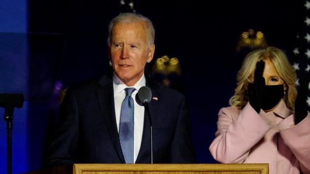 U.S. Democratic presidential nominee and former Vice President Joe Biden accompanied by his wife Jill, delivers remarks after early results from the 2020 U.S. presidential election in Wilmington, Delaware, US. (REUTERS) U.S. Democratic presidential nominee and former Vice President Joe Biden accompanied by his wife Jill, delivers remarks after early results from the 2020 U.S. presidential election in Wilmington, Delaware, US. (REUTERS)