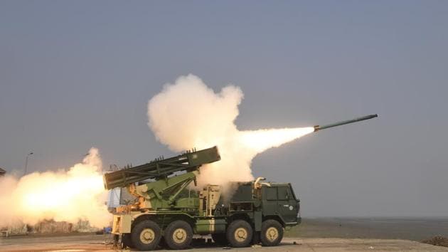 The enhanced variant of Pinaka rocket system being test-fired on Wednesday.(Pic: DRDO)