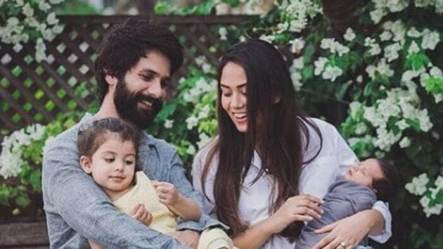 Shahid Kapoor and Mira Rajput pose with their kids, Misha and Zain.