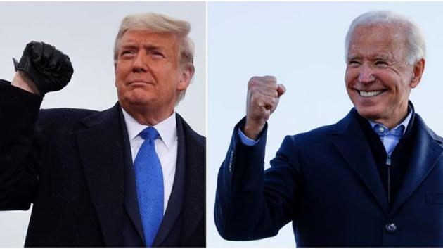 US President Donald Trump pumping his fist during a campaign event at Capital Region International Airport in Lansing, Michigan, on October 27, 2020, and Democratic US presidential nominee and former Vice President Joe Biden making a fist during a drive-in campaign stop in Des Moines, Iowa, on October 30, 2020. (Reuters Photo) US President Donald Trump pumping his fist during a campaign event at Capital Region International Airport in Lansing, Michigan, on October 27, 2020, and Democratic US presidential nominee and former Vice President Joe Biden making a fist during a drive-in campaign stop in Des Moines, Iowa, on October 30, 2020. (Reuters Photo)