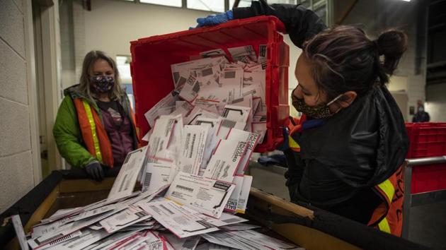 Election workers empty postal ballots from a ballot box at the Multnomah County Elections Division, on November 3 in Portland, Oregon. There are roughly 20 states that allow ballots received after Election Day to be counted if they were postmarked by the day of the election. That includes Pennsylvania, one of the key outstanding states as of November 4. (AP) Election workers empty postal ballots from a ballot box at the Multnomah County Elections Division, on November 3 in Portland, Oregon. There are roughly 20 states that allow ballots received after Election Day to be counted if they were postmarked by the day of the election. That includes Pennsylvania, one of the key outstanding states as of November 4. (AP)
