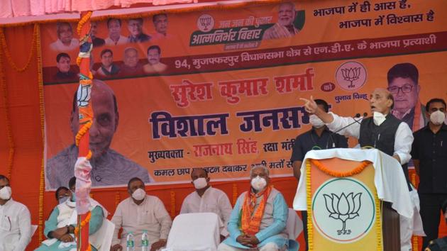 Defence minister Rajnath Singh addresses a public rally ahead of the third phase of Bihar elections at Muzaffarpur district of Bihar on Nov 4, 2020. (PTI) Defence minister Rajnath Singh addresses a public rally ahead of the third phase of Bihar elections at Muzaffarpur district of Bihar on Nov 4, 2020. (PTI)