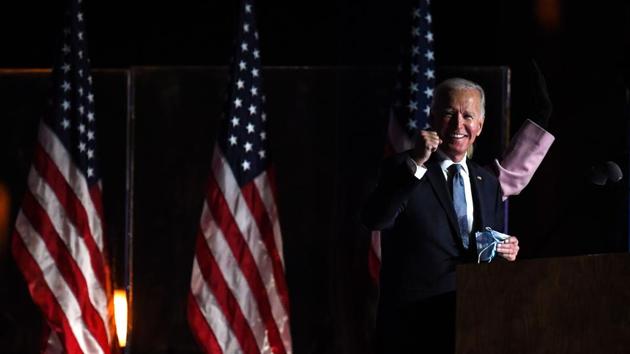 Democratic presidential nominee Joe Biden at an election night address to supporters at the Chase Center in Wilmington, Delaware, early on November 4. Earlier in the evening, Trump won the battlegrounds of Florida, Ohio and Texas, dashing Biden’s hopes for a decisive early victory, but Biden said he was confident he was “on track to winning” by taking three key states. (Roberto Schmidt / AFP) Democratic presidential nominee Joe Biden at an election night address to supporters at the Chase Center in Wilmington, Delaware, early on November 4. Earlier in the evening, Trump won the battlegrounds of Florida, Ohio and Texas, dashing Biden’s hopes for a decisive early victory, but Biden said he was confident he was “on track to winning” by taking three key states. (Roberto Schmidt / AFP)