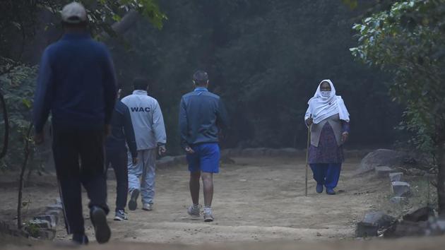 People out on walks in a park on a hazy and cold morning in New Delhi on November 1. Other experts have suggested that this pattern points towards a possibility of an unusually cold winter laying ahead. (Kamal Singh / PTI) People out on walks in a park on a hazy and cold morning in New Delhi on November 1. Other experts have suggested that this pattern points towards a possibility of an unusually cold winter laying ahead. (Kamal Singh / PTI)