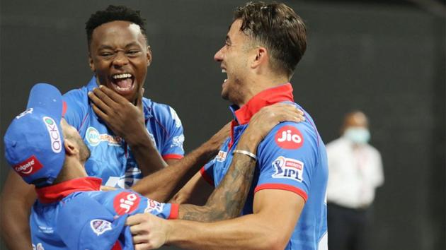 IPL 2020: Shikhar Dhawan, Kagiso Rabada and Marcus Stoinis in great spirits ahead of the playoff. (Delhi Capitals/Twitter) IPL 2020: Shikhar Dhawan, Kagiso Rabada and Marcus Stoinis in great spirits ahead of the playoff. (Delhi Capitals/Twitter)