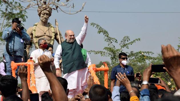 Union Home Minister Amit Shah after paying tribute to Birsa Munda in Bankura district on Thursday.(PTI) Union Home Minister Amit Shah after paying tribute to Birsa Munda in Bankura district on Thursday.(PTI)
