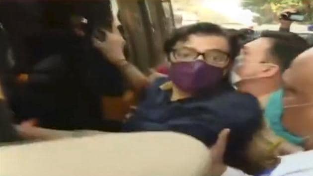 Republic TV Editor-in-Chief Arnab Goswami being arrested for allegedly abetting the suicide of a 53-year-old interior designer in 2018. (PTI) Republic TV Editor-in-Chief Arnab Goswami being arrested for allegedly abetting the suicide of a 53-year-old interior designer in 2018. (PTI)