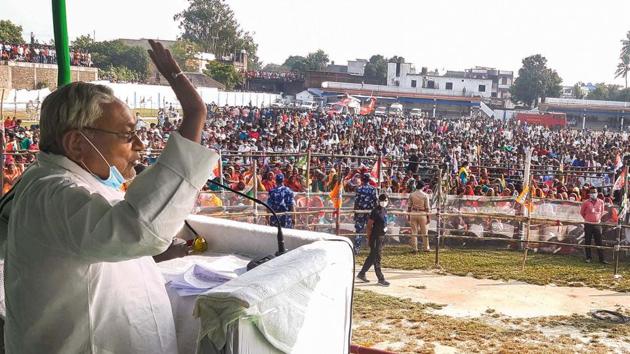 Bihar Chief Minister Nitish Kumar addresses a rally during the third and last leg of campaign for Bihar Assembly election in Araria district on Wednesday. (PTI) Bihar Chief Minister Nitish Kumar addresses a rally during the third and last leg of campaign for Bihar Assembly election in Araria district on Wednesday. (PTI)