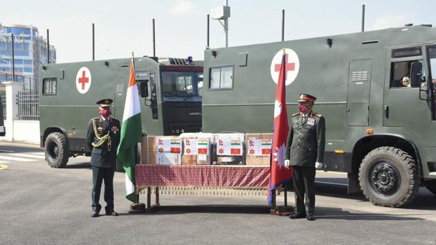 Army chief Gen MM Naravane presents medical equipment for two field hospitals of Nepal Army, in Kathmandu on November 5.(PTI) Army chief Gen MM Naravane presents medical equipment for two field hospitals of Nepal Army, in Kathmandu on November 5.(PTI)