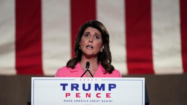 Former US Ambassador to the United Nations Nikki Haley speaks to the largely virtual 2020 Republican National Convention in a live address broadcast from the Mellon Auditorium in Washington, August 24, 2020 (REUTERS/Kevin Lamarque) Former US Ambassador to the United Nations Nikki Haley speaks to the largely virtual 2020 Republican National Convention in a live address broadcast from the Mellon Auditorium in Washington, August 24, 2020 (REUTERS/Kevin Lamarque)