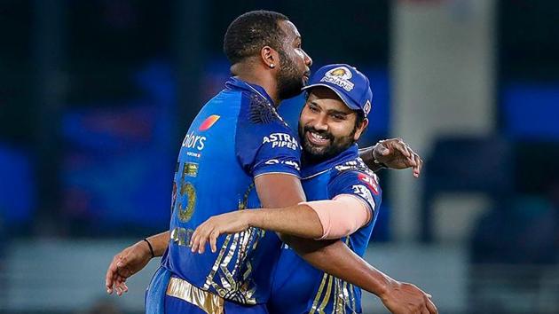 Skipper Rohit Sharma and Kieron Pollard of Mumbai Indians celebrate their win over Delhi Capitals in the Qualifier 1 match at the Indian Premier League (IPL) 2020, in Dubai.(PTI)