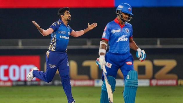 Jasprit Bumrah of Mumbai Indians celebrates the wicket of Shikhar Dhawan of Delhi Capitals during the Qualifier 1 match at Indian Premier League (IPL) 2020 in Dubai, United Arab Emirates. (PTI) Jasprit Bumrah of Mumbai Indians celebrates the wicket of Shikhar Dhawan of Delhi Capitals during the Qualifier 1 match at Indian Premier League (IPL) 2020 in Dubai, United Arab Emirates. (PTI)