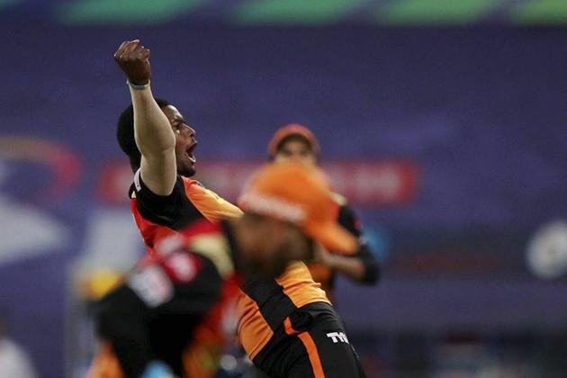 Abu Dhabi: Jason Holder of Sunrisers Hyderabad celebrates the wicket of Virat Kohli of Royal Challengers Bangalore during the eliminator match of the Indian Premier League (IPL), at the Sheikh Zayed Stadium, in Abu Dhabi, Friday, Nov. 6, 2020. (PTI Photo/Sportzpics) (PTI06-11-2020_000233B) (PTI)