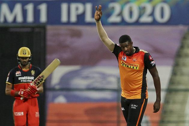 Abu Dhabi: Jason Holder of Sunrisers Hyderabad celebrates the wicket of Devdutt Padikkal of Royal Challengers Bangalore during the eliminator match of the Indian Premier League (IPL), at the Sheikh Zayed Stadium, in Abu Dhabi, Friday, Nov. 6, 2020. (PTI Photo/Sportzpics) (PTI06-11-2020_000234A) (PTI)